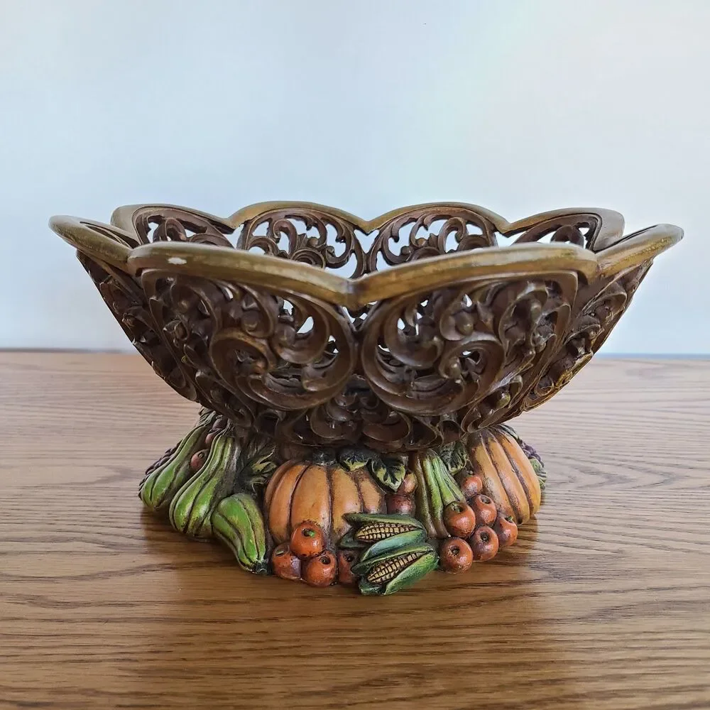 Vintage Thanksgiving Fall Ornate Reticulated Pedestal Bowl Wood-Look Resin